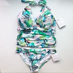 NEW La Blanca Women’s tankini 2 piece swimsuit in white/green -size 10